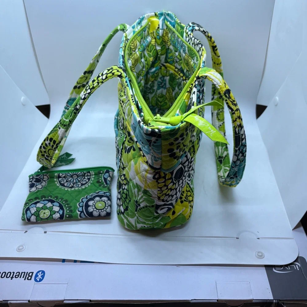 Vera Bradley Go Wild Quilted Cotton Tote Shoulder Bag with Matching Pouch Green